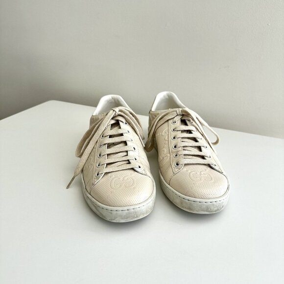 GUCCI Women's Ace Cream Embossed Leather GG Logo Low Top Sneakers Size 37.5 - Picture 5 of 12
